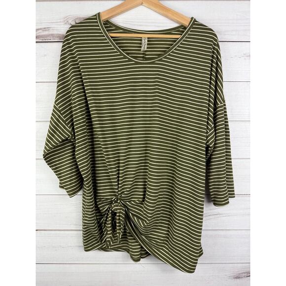 Per Seption Concept Tops - Per Seption Concept Women's Green White Striped Quarter Sleeve Tie Knot Top XL